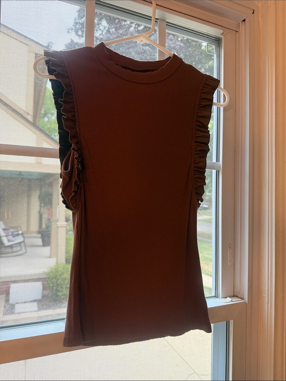 Hazelnut Brown Ruffle Sleeve Ribbed Tank Top - with Faux Leather Accents Women